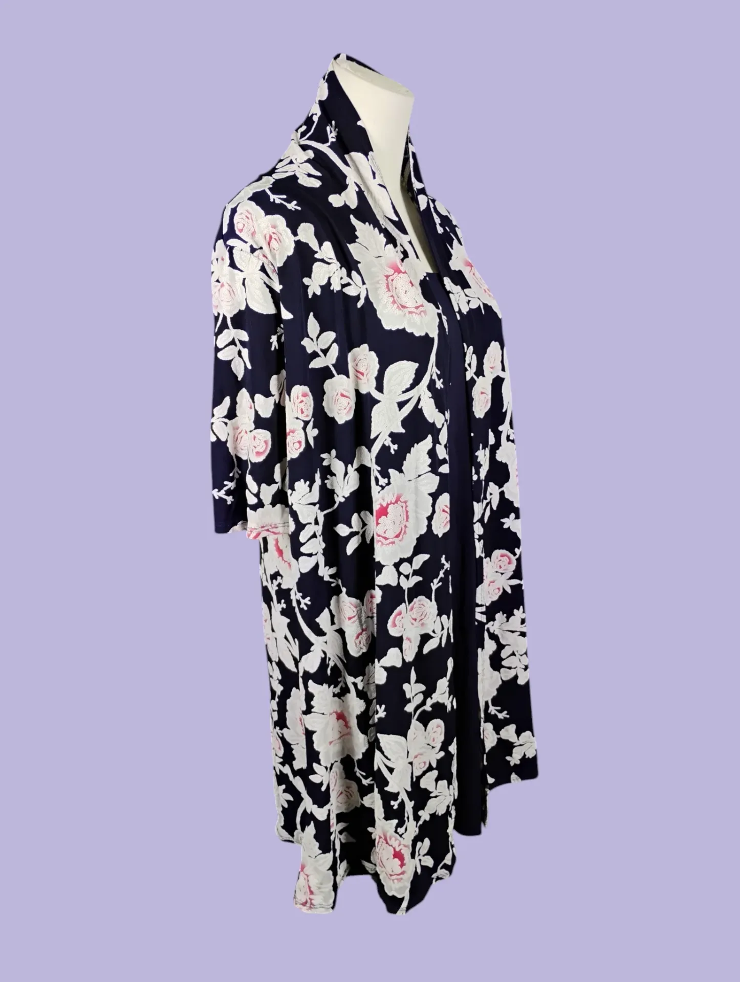 SJS Floral Kimono Duster Cardigan Navy White Pink Women's Size M thumbnail 2