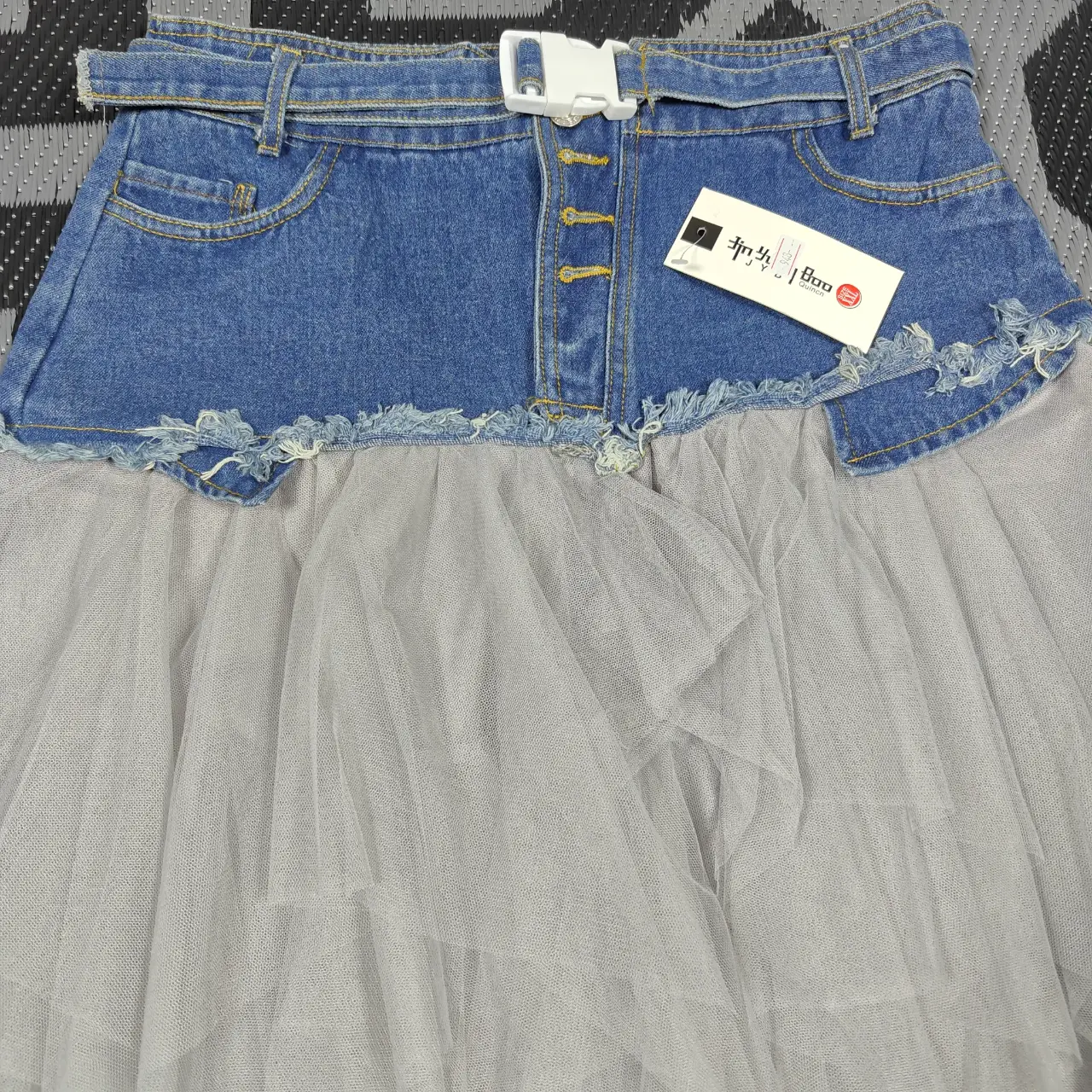 Jin Yuan Bao Denim Mesh Splice Tiered Tulle Asymmetrical Skirt Size XXL NWT thumbnail 3