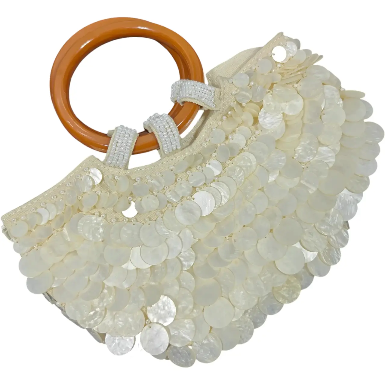 Vintage Mother of Pearl Capiz Shell Disc Handbag With Ring Handles