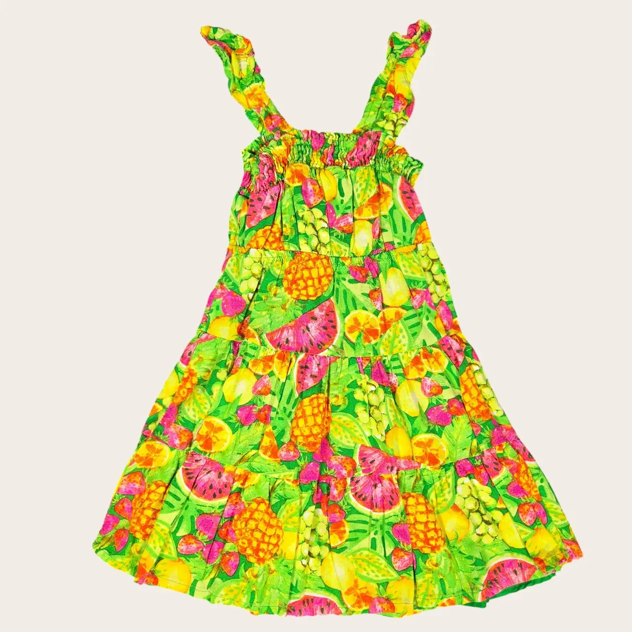 Btween Girls Fruit Print Smocked Tiered Rayon Linen Dress Size 8
