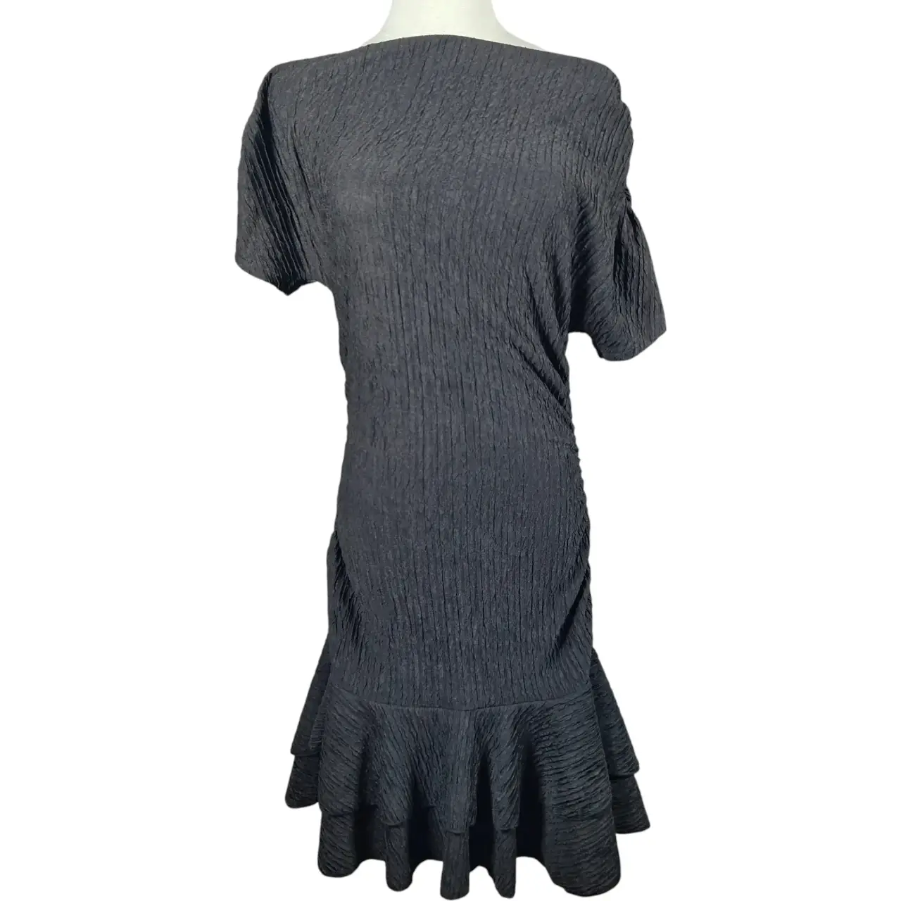 SHEIN Black Textured Crinkle Short Sleeve Ruffle Mermaid Hem Midi Dress Size L