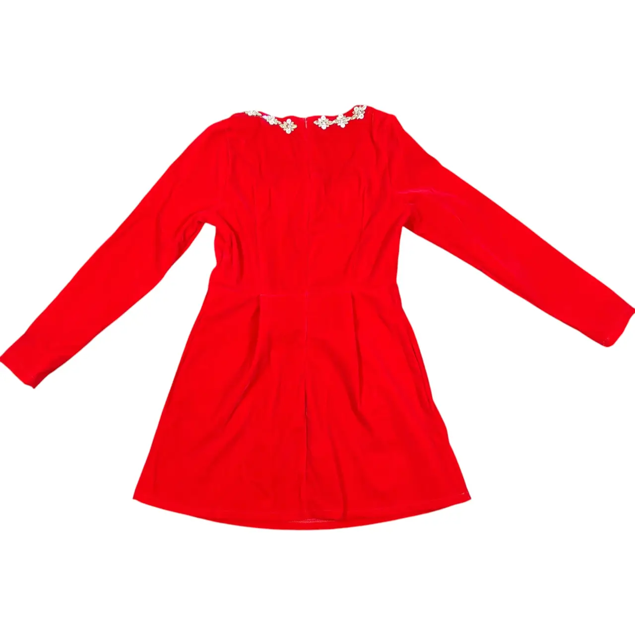 Red Velvet Crystal Embellished Square Neck Long Sleeve Mini Dress Size S thumbnail 3