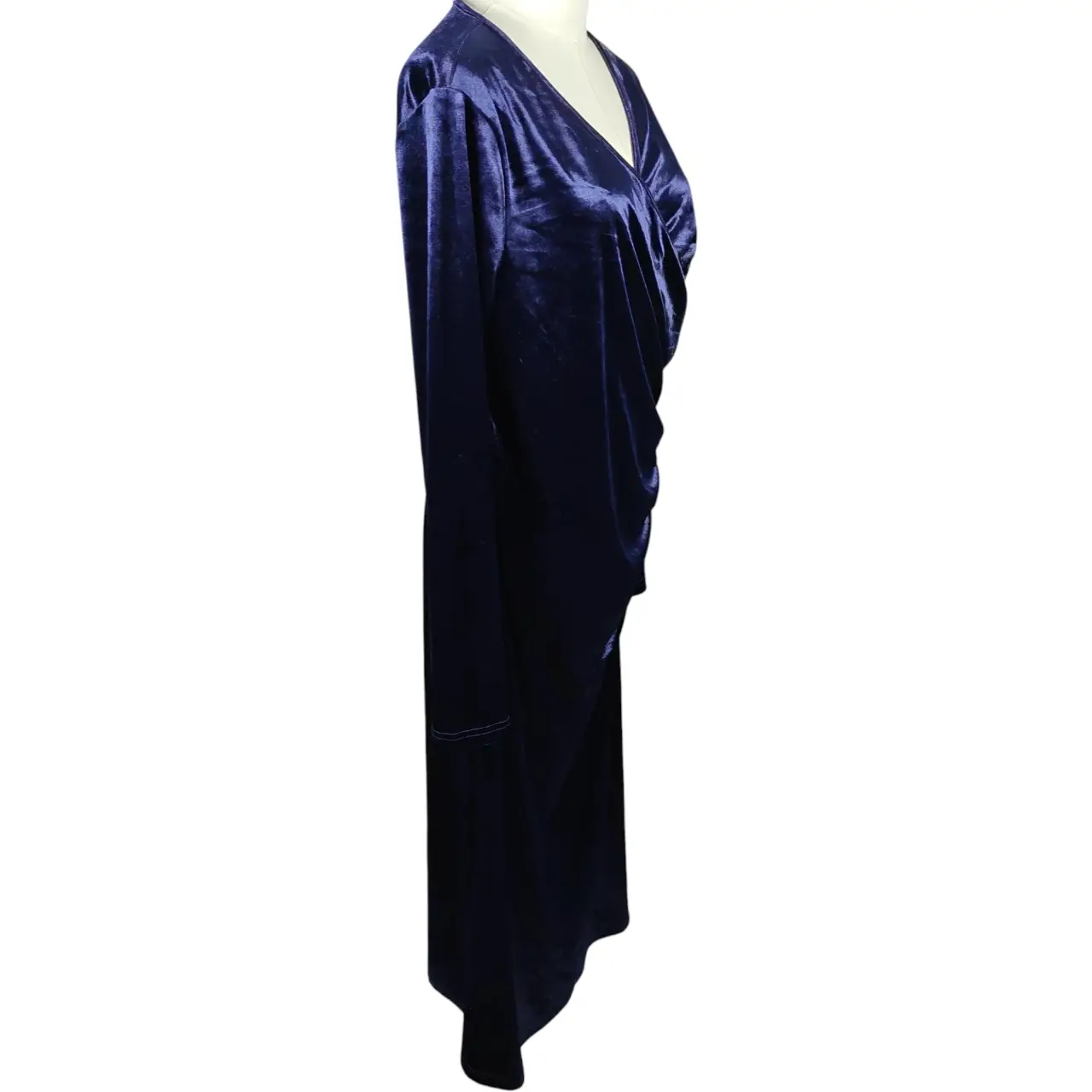 ZABERRY Women's Navy Blue Velvet V-Neck Ruched Wrap Midi Dress Size XL thumbnail 3