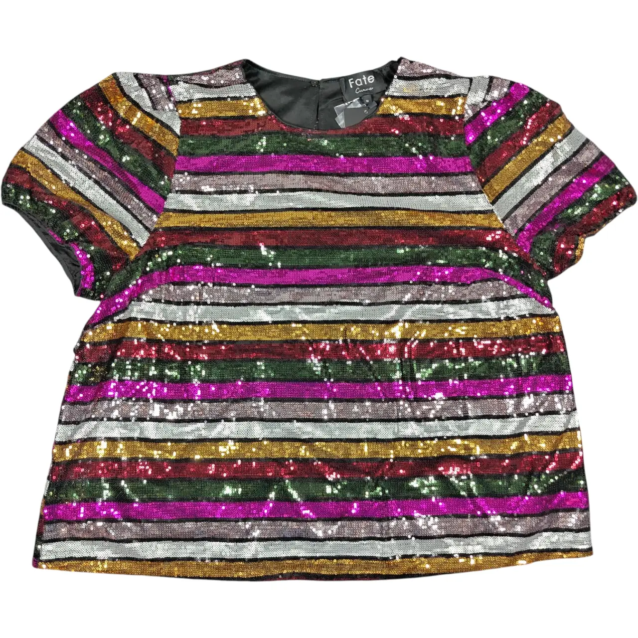 Fate Curve Women's 1X Multicolor Sequin Striped Short Sleeve Blouse NWT