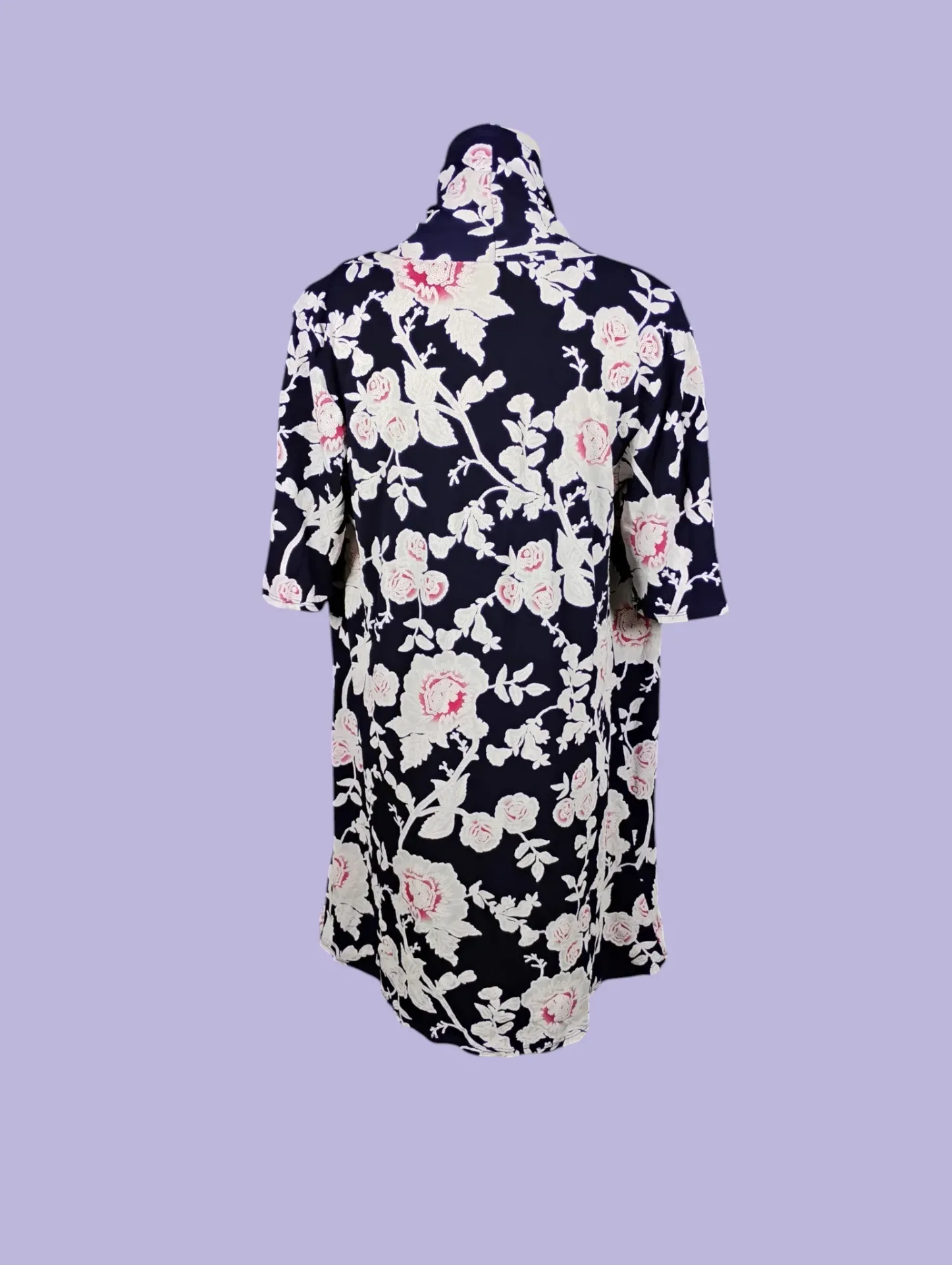 SJS Floral Kimono Duster Cardigan Navy White Pink Women's Size M thumbnail 4
