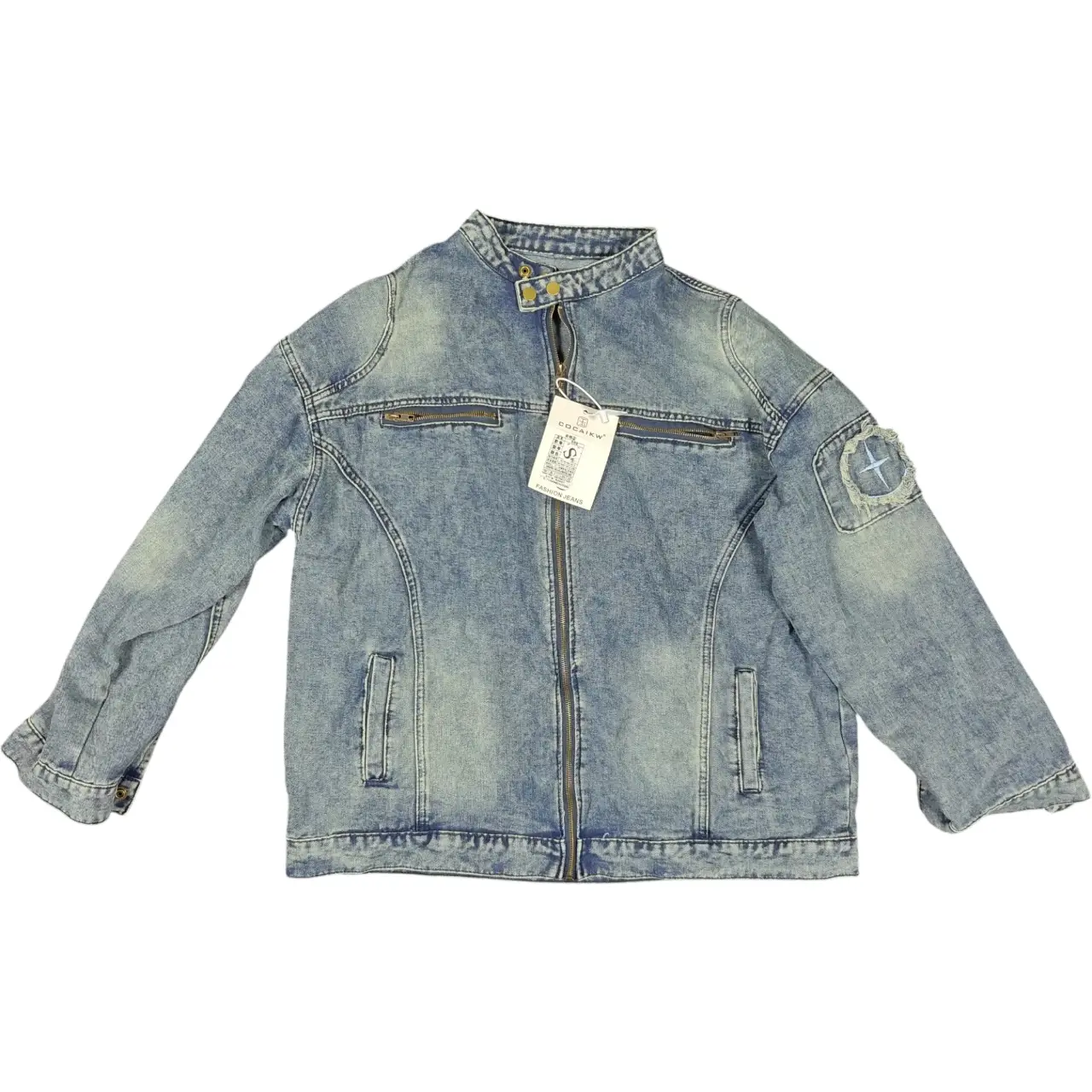COCAIKW Men's Acid Wash Denim Moto Jacket Size 3XL Distressed Star Patch NWT