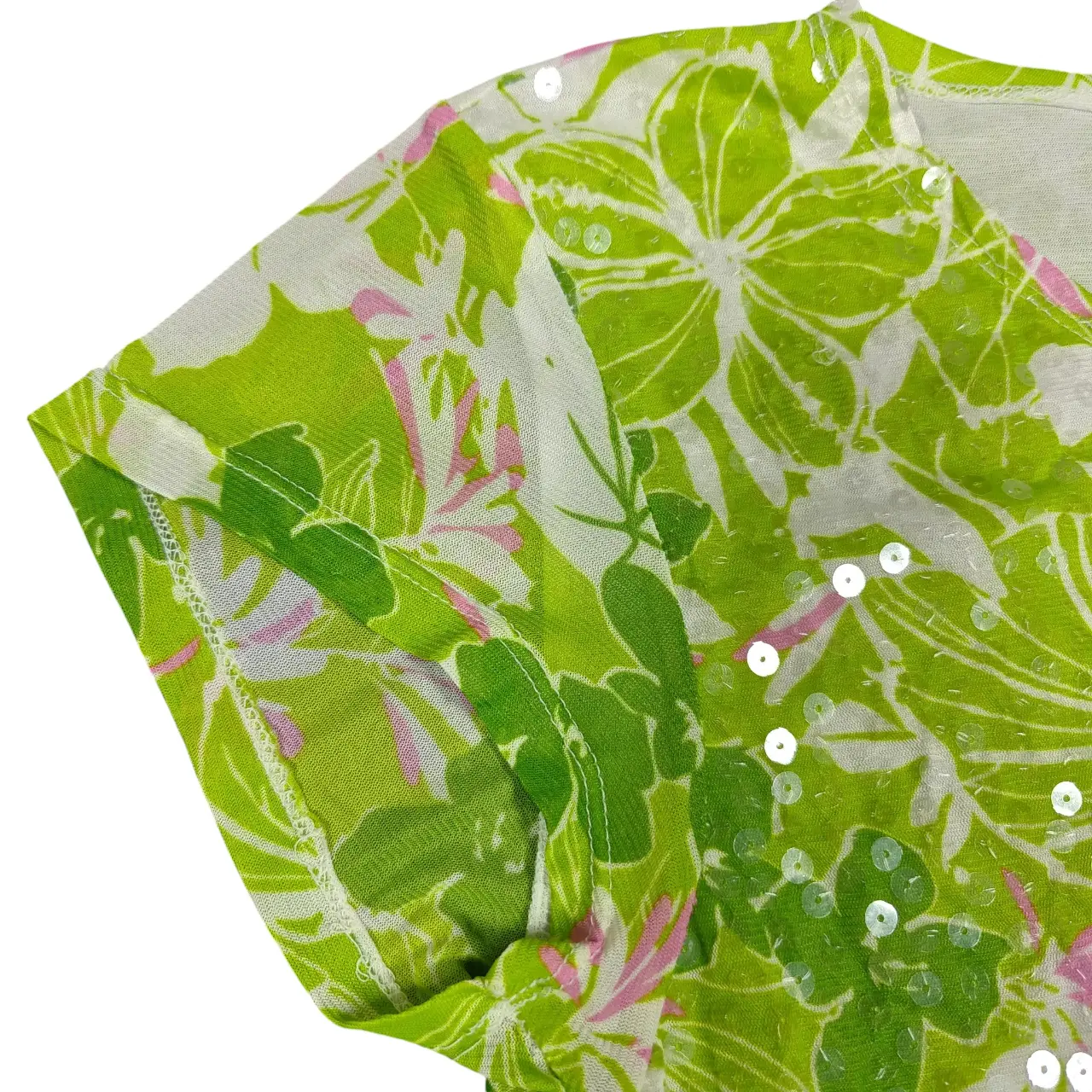 Outfit JPR Floral Sequin Short Sleeve Top Green Pink White Size L thumbnail 3