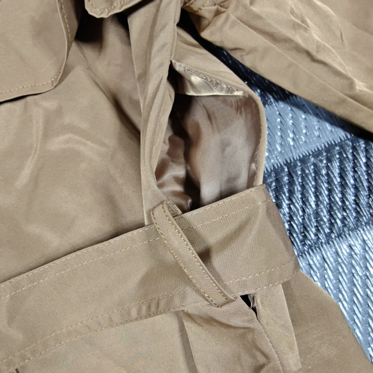 Women's Cropped Double-Breasted Trench Jacket Khaki Beige Belted Size M thumbnail 6