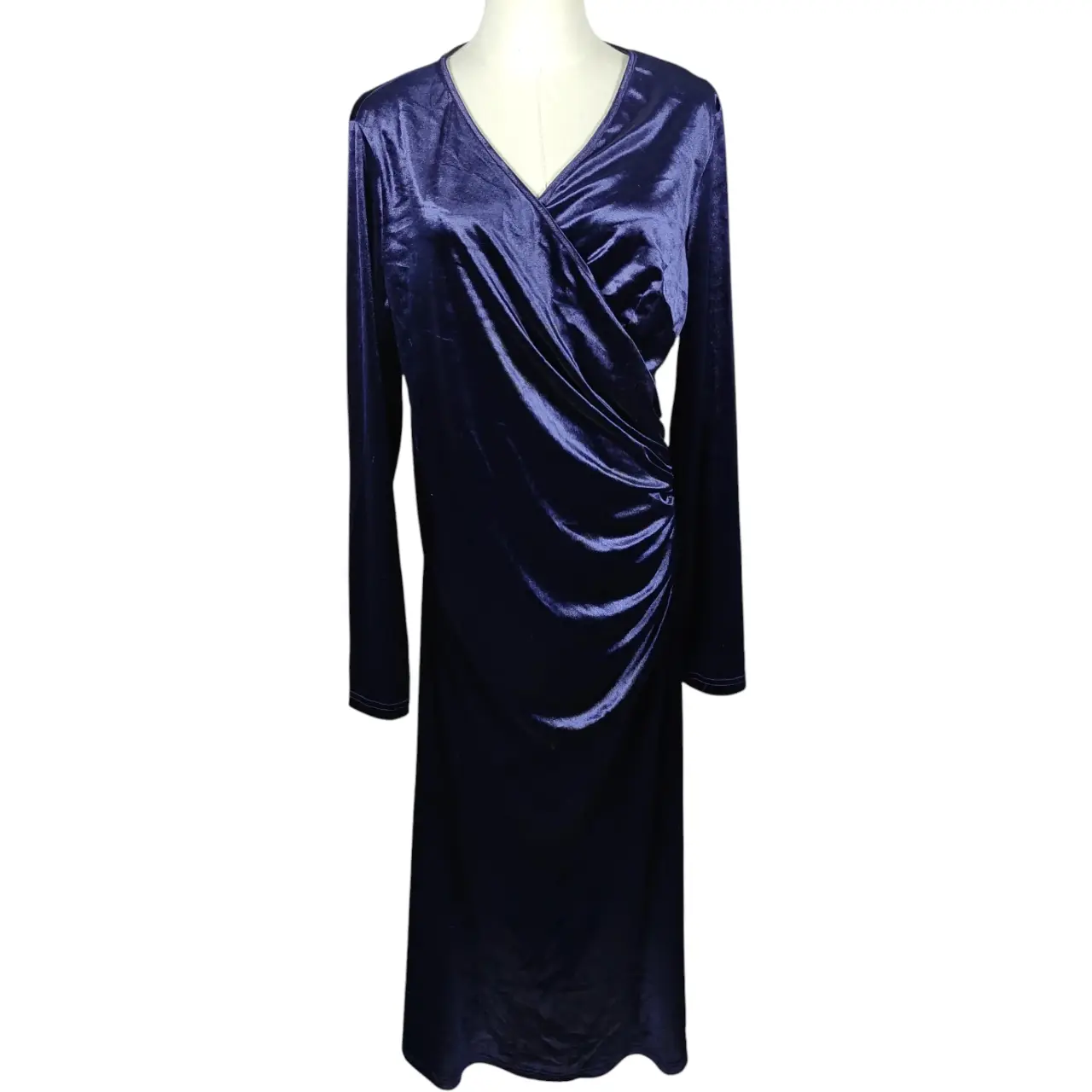 ZABERRY Women's Navy Blue Velvet V-Neck Ruched Wrap Midi Dress Size XL